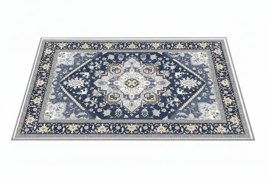 Tapis d'Entrée Oriental Bleu Marine — Motif Géométrique Boho Ethnique | Tapis Antidérapant