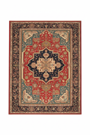 Tapis de Salon Oriental Rouge et Bleu Marine — Motif Médaillon Luxe — Grand Tapis Antidérapant