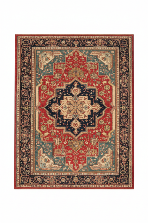 Tapis de Salon Oriental Rouge et Bleu Marine — Motif Médaillon Luxe — Grand Tapis Antidérapant