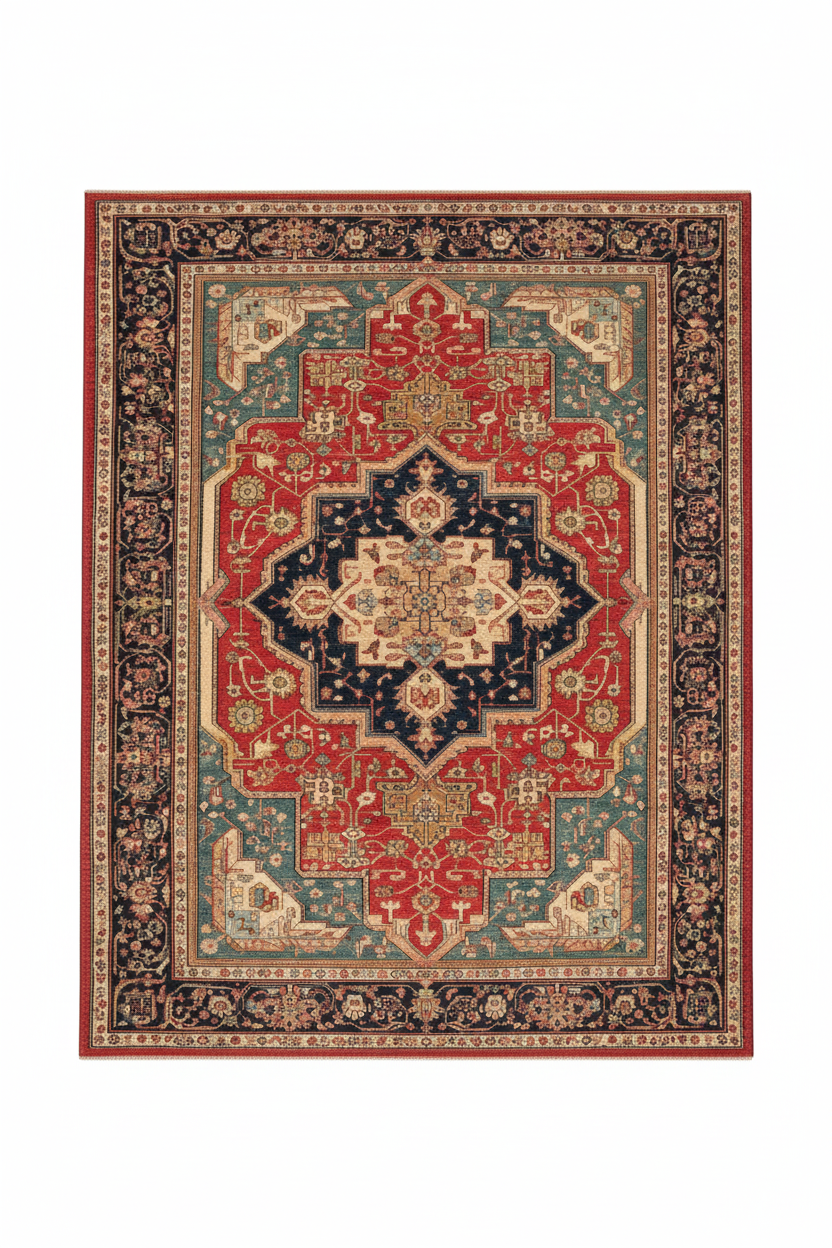 Tapis de Salon Oriental Rouge et Bleu Marine — Motif Médaillon Luxe — Grand Tapis Antidérapant