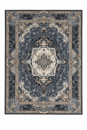 Tapis de Salon Oriental Bleu Marine — Motif Médaillon Floral Vintage — Grand Tapis Antidérapant