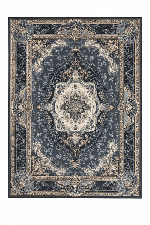 Tapis de Salon Oriental Bleu Marine — Motif Médaillon Floral Vintage — Grand Tapis Antidérapant