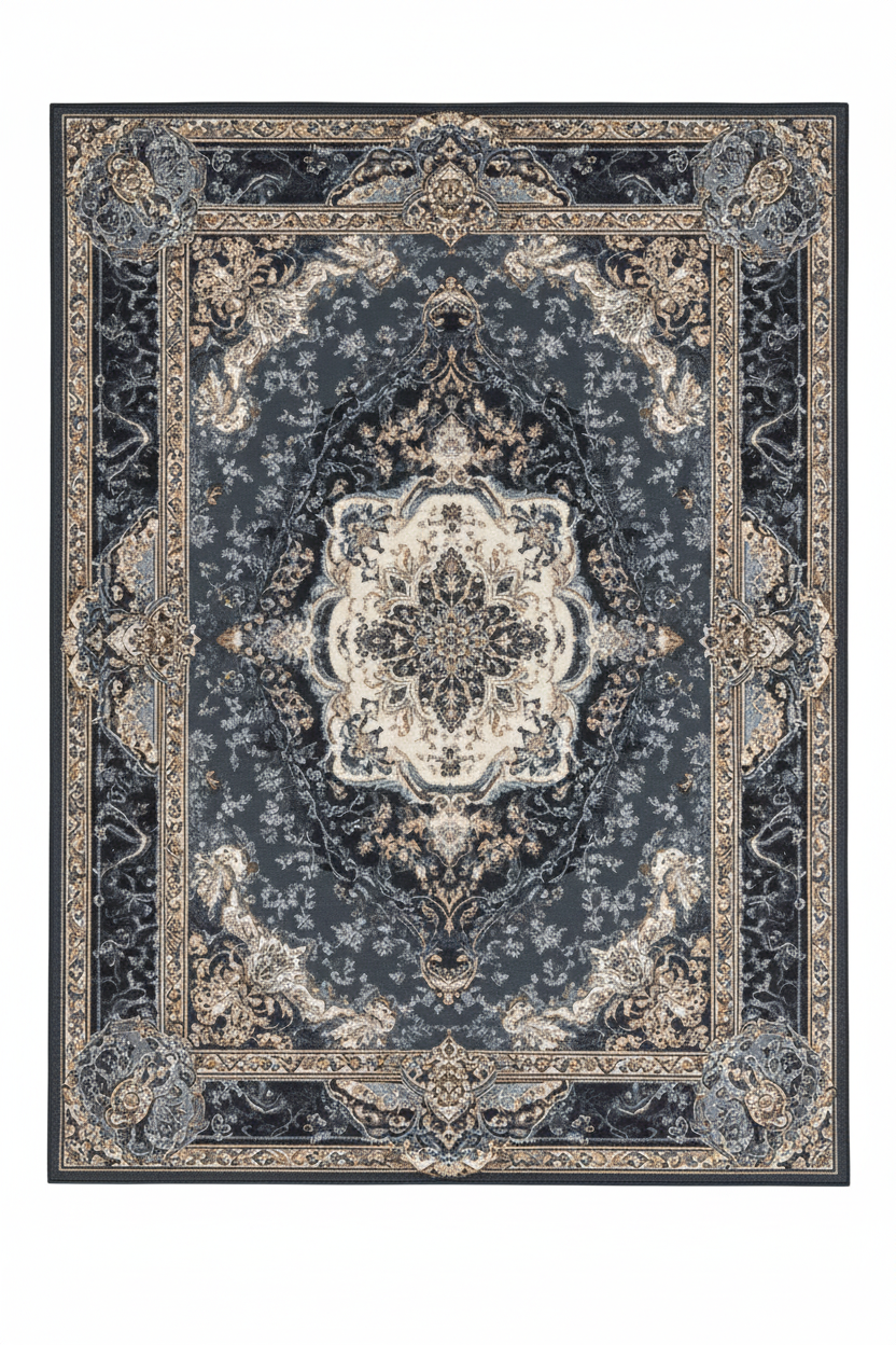 Tapis de Salon Oriental Bleu Marine — Motif Médaillon Floral Vintage — Grand Tapis Antidérapant