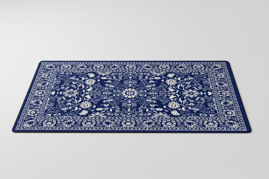 Tapis de Souris Gaming Persan Bleu Marine — Grand Format XXL Motif Médaillon Blanc
