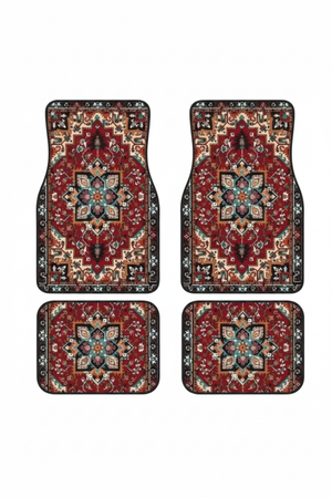 Lot de 4 tapis de voiture persans bordeaux, motif médaillon étoile, vue d'ensemble sur fond neutre