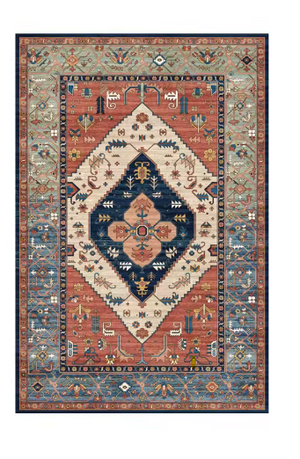 Tapis de Salon Oriental Terracotta et Bleu Marine — Motif Médaillon Tribal Ethnique — Grand Tapis Antidérapant