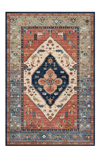 Tapis de Salon Oriental Terracotta et Bleu Marine — Motif Médaillon Tribal Ethnique — Grand Tapis Antidérapant