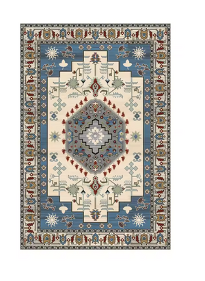Tapis de Salon Oriental Bleu Ciel et Crème — Motif Médaillon Tribal Ethnique — Grand Tapis Antidérapant
