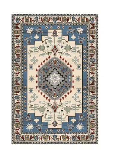 Tapis de Salon Oriental Bleu Ciel et Crème — Motif Médaillon Tribal Ethnique — Grand Tapis Antidérapant