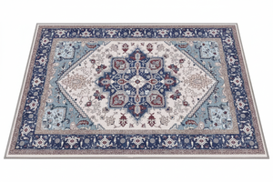 Tapis d'Entrée Oriental Bleu Marine et Rose Poudré — Motif Géométrique Boho Ethnique — Tapis Antidérapant