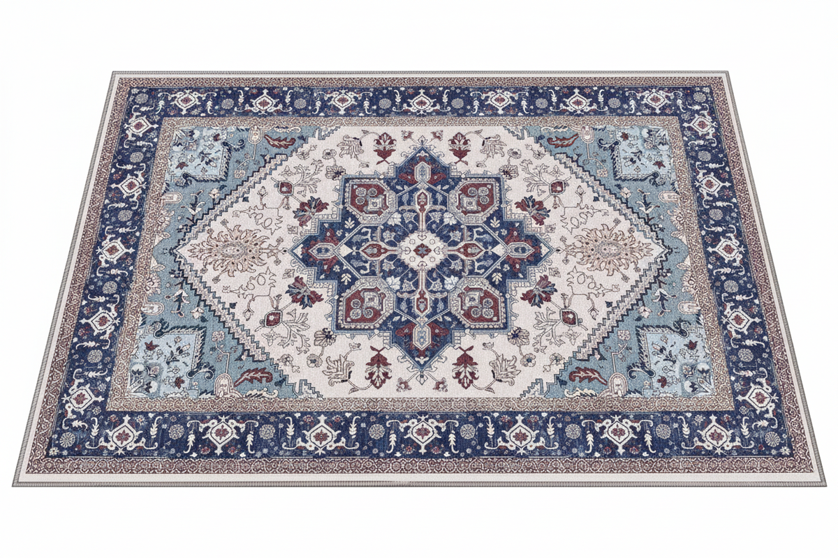 Tapis d'Entrée Oriental Bleu Marine et Rose Poudré — Motif Géométrique Boho Ethnique — Tapis Antidérapant