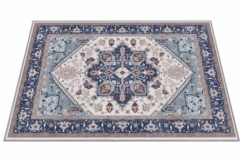 Tapis d'Entrée Oriental Bleu Marine et Rose Poudré — Motif Géométrique Boho Ethnique — Tapis Antidérapant