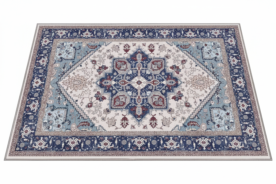 Tapis d'Entrée Oriental Bleu Marine et Rose Poudré — Motif Géométrique Boho Ethnique — Tapis Antidérapant
