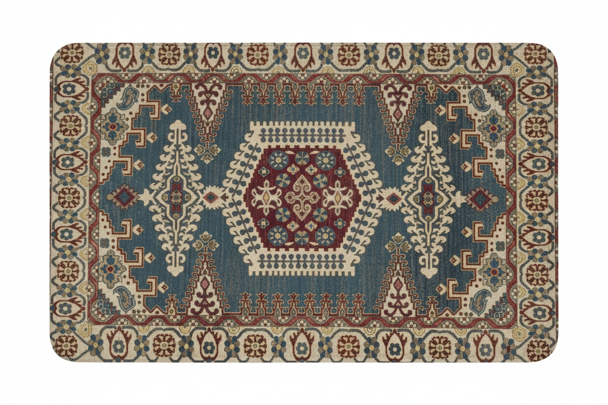 Tapis de Bain Oriental Bleu Canard et Bordeaux — Motif Médaillon Ethnique — Tapis de Salle de Bain Antidérapant