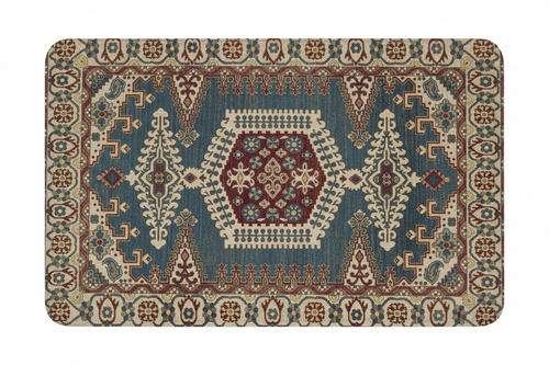 Tapis de Bain Oriental Bleu Canard et Bordeaux — Motif Médaillon Ethnique — Tapis de Salle de Bain Antidérapant