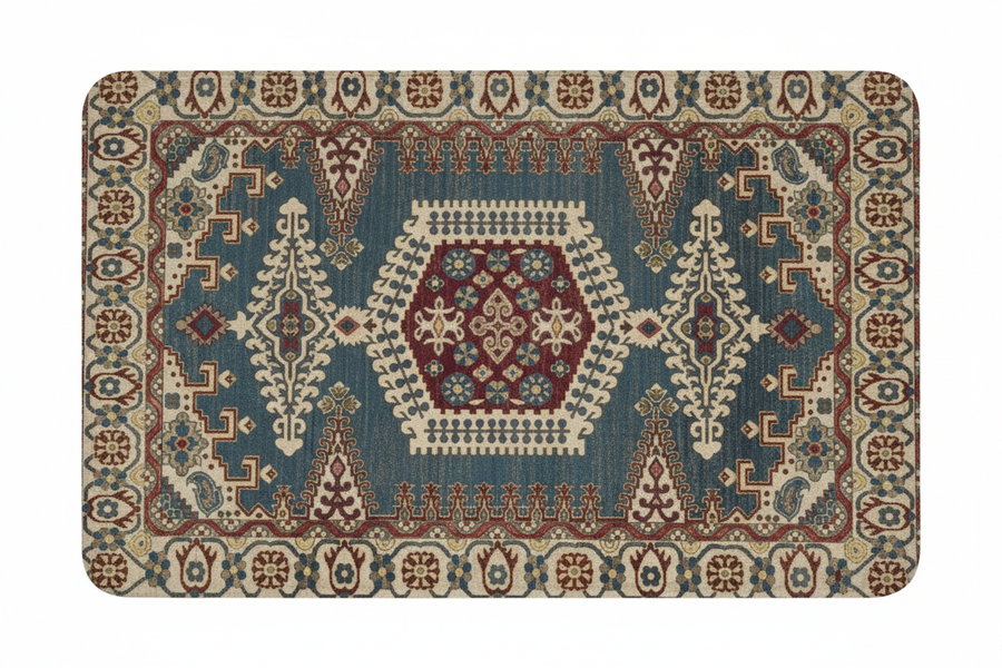Tapis de Bain Oriental Bleu Canard et Bordeaux — Motif Médaillon Ethnique — Tapis de Salle de Bain Antidérapant