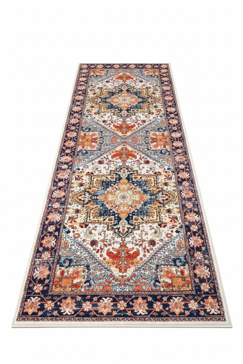 Tapis de Cuisine Oriental Long Ivoire et Corail — Motif Médaillon Vintage — Tapis Antidérapant