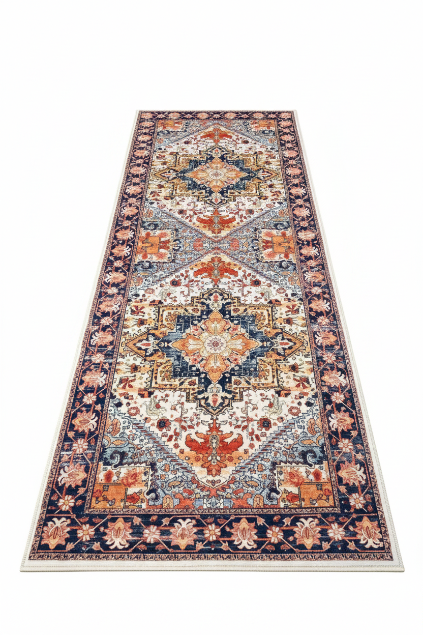 Tapis de Cuisine Oriental Long Ivoire et Corail — Motif Médaillon Vintage — Tapis Antidérapant