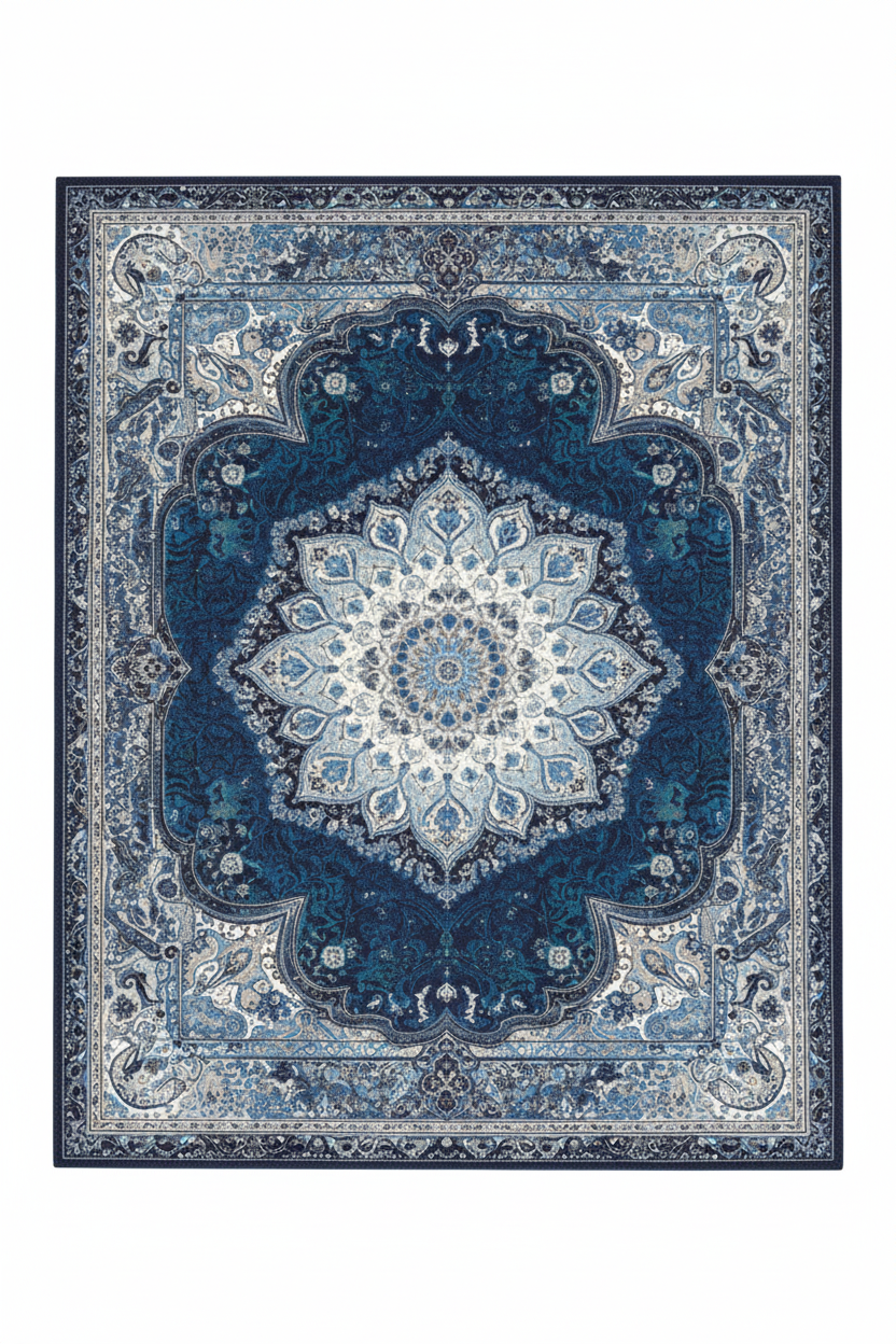 Tapis de Salon Oriental Bleu — Motif Médaillon Étoile Dégradé — Grand Tapis Antidérapant