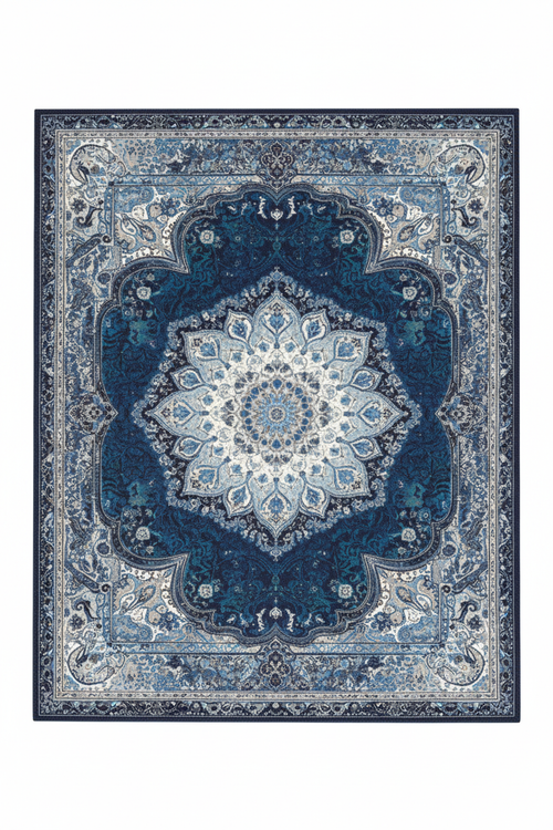 Tapis de Salon Oriental Bleu — Motif Médaillon Étoile Dégradé — Grand Tapis Antidérapant