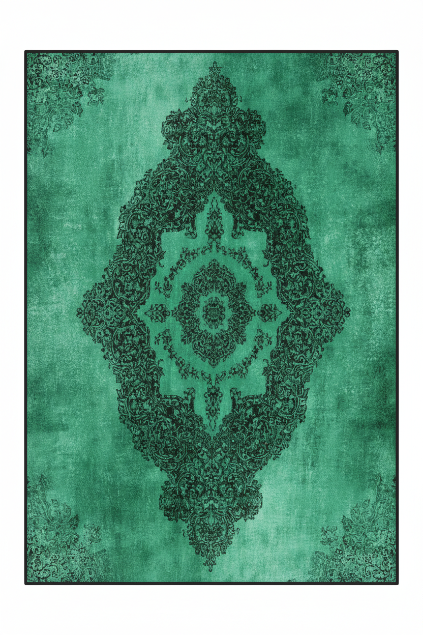 Tapis de Salon Oriental Vert Menthe — Motif Médaillon Dentelle Contrasté — Grand Tapis Antidérapant