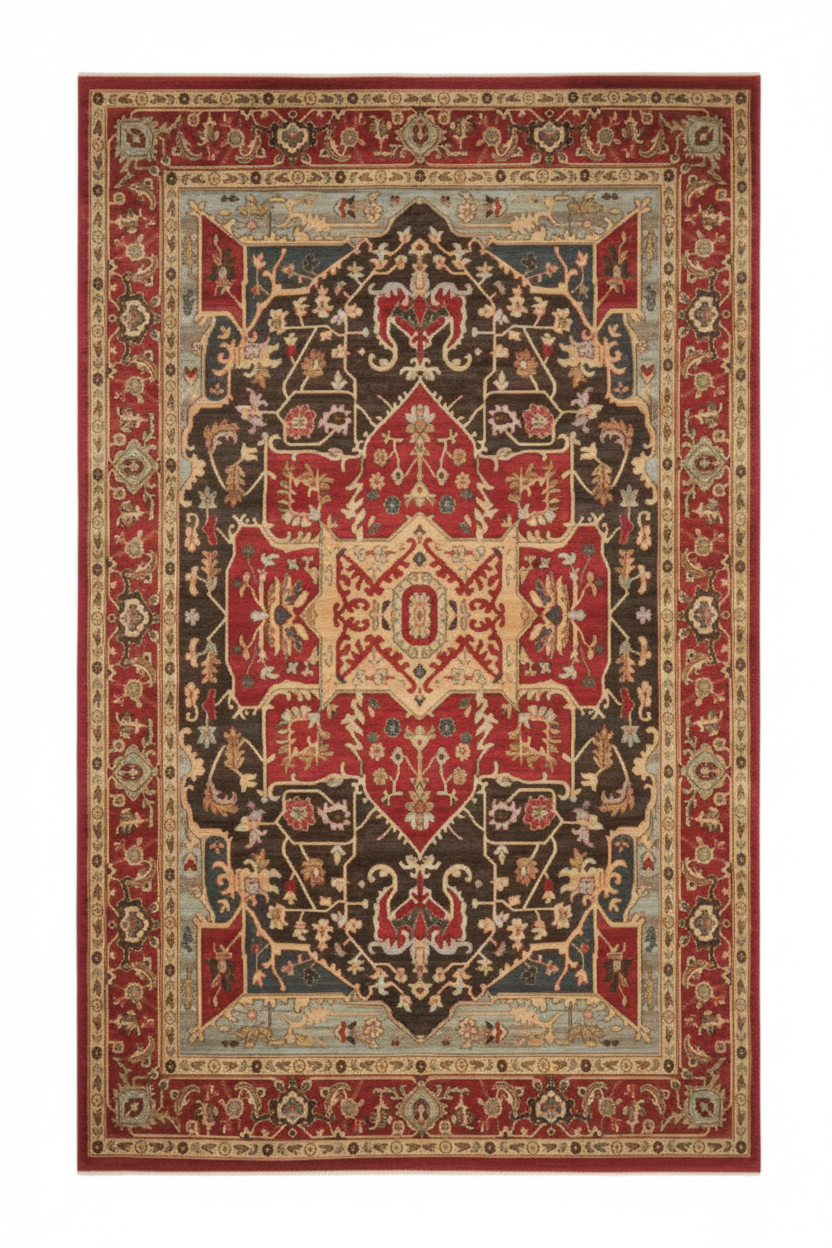 Tapis de Salon Oriental Rouge et Marron — Motif Médaillon Losange Vintage — Grand Tapis Antidérapant