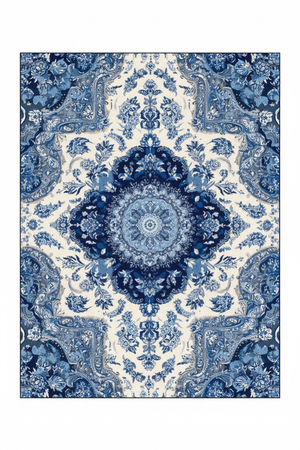 Tapis de Salon Oriental Bleu et Blanc — Motif Médaillon Floral Aquarelle — Grand Tapis Antidérapant
