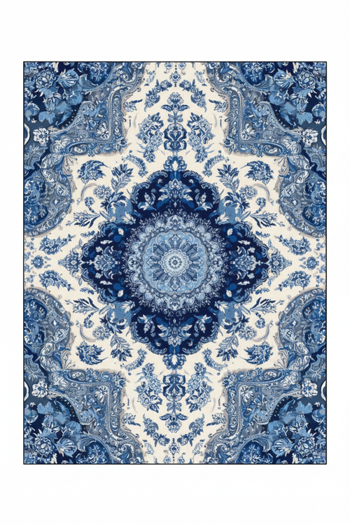 Tapis de Salon Oriental Bleu et Blanc — Motif Médaillon Floral Aquarelle — Grand Tapis Antidérapant