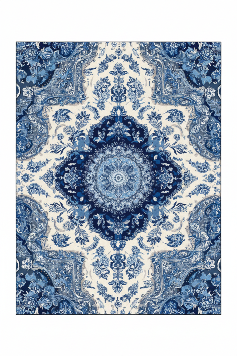 Tapis de Salon Oriental Bleu et Blanc — Motif Médaillon Floral Aquarelle — Grand Tapis Antidérapant