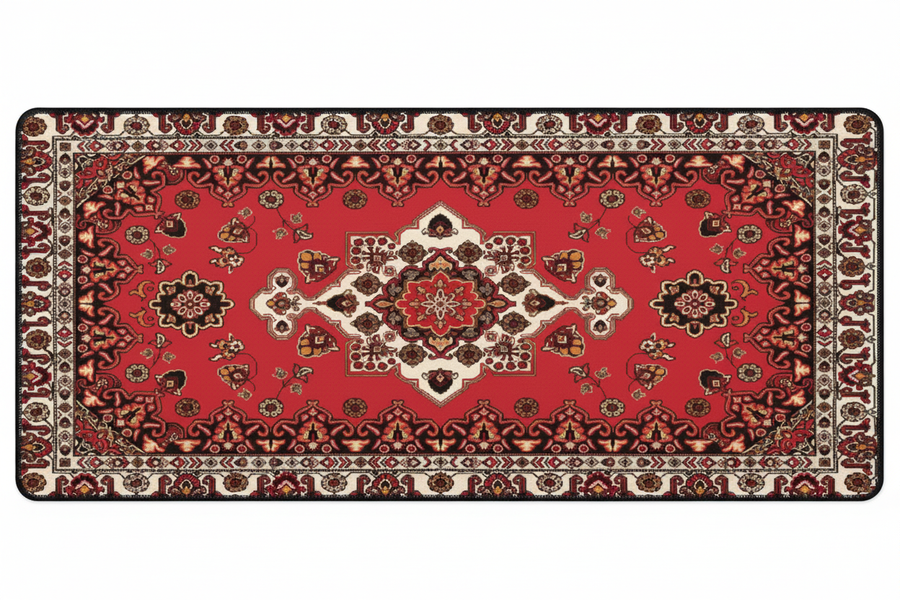 Tapis de Souris Gaming Persan Rouge Vif — Grand Format XXL Motif Médaillon Ivoire