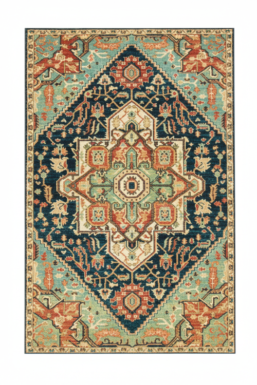 Tapis de Salon Oriental Bleu Marine et Corail — Motif Médaillon Losange Vintage — Grand Tapis Antidérapant
