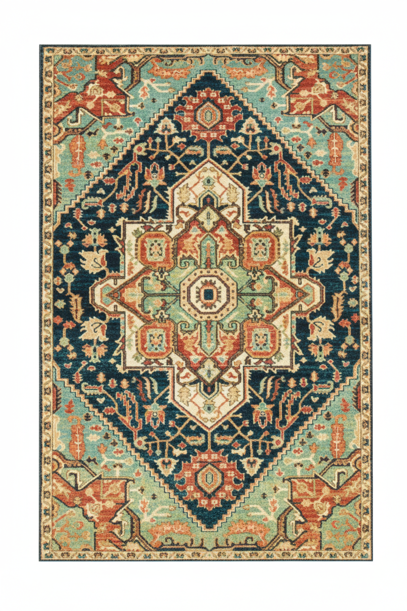 Tapis de Salon Oriental Bleu Marine et Corail — Motif Médaillon Losange Vintage — Grand Tapis Antidérapant