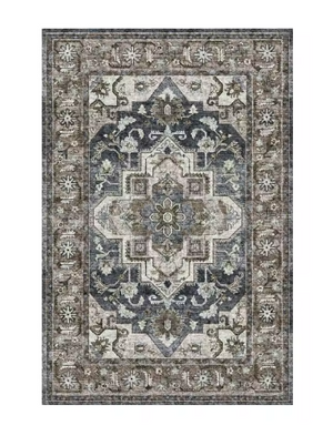 Tapis de Salon Oriental Gris Taupe — Motif Médaillon Étoile Vintage — Grand Tapis Antidérapant