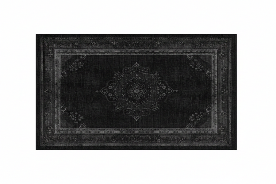 Tapis de Salon Oriental Noir — Motif Médaillon Floral — Grand Tapis Antidérapant