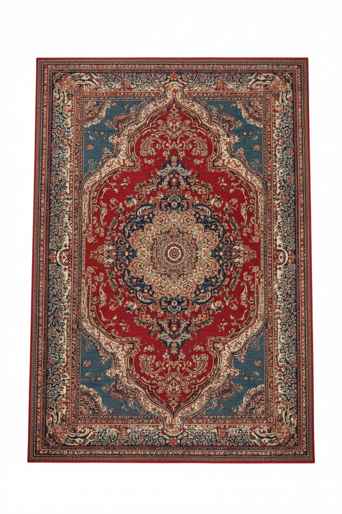 Tapis de Salon Oriental Rouge et Bleu Foncé — Motif Médaillon Vintage — Grand Tapis Antidérapant
