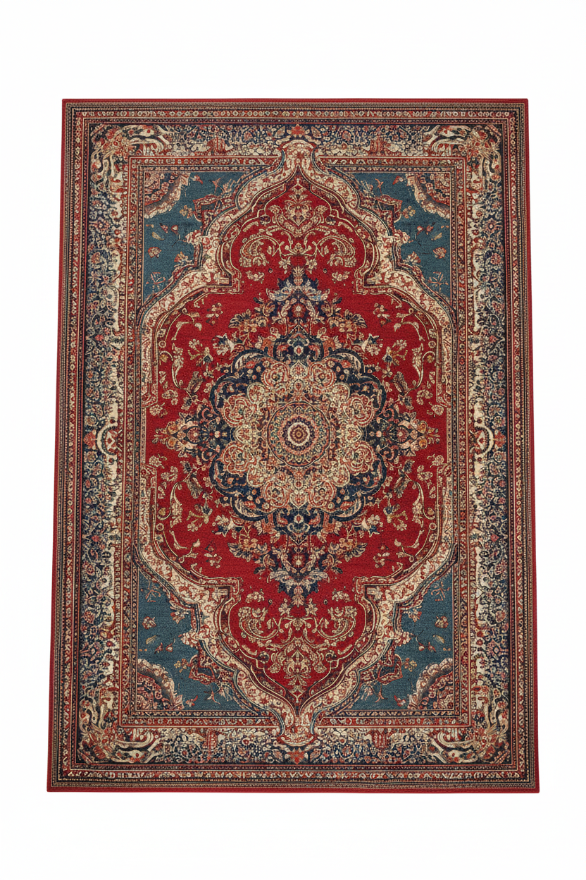 Tapis de Salon Oriental Rouge et Bleu Foncé — Motif Médaillon Vintage — Grand Tapis Antidérapant