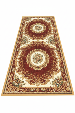Tapis de Couloir Oriental Bordeaux et Ivoire — Motif Aubusson Fleuri —  Tapis Long Antidérapant