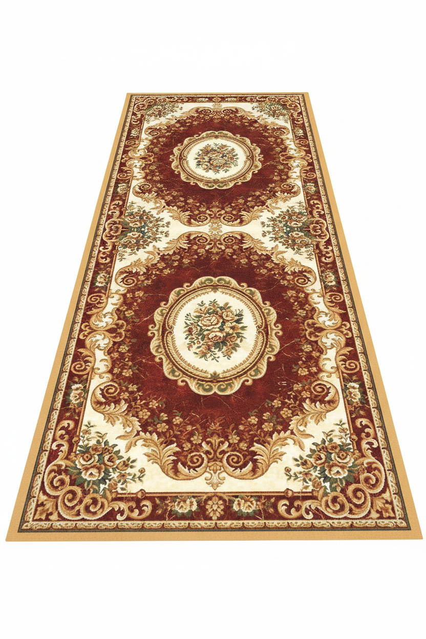 Tapis de Couloir Oriental Bordeaux et Ivoire — Motif Aubusson Fleuri —  Tapis Long Antidérapant