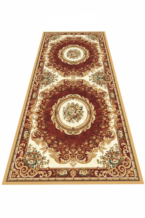 Tapis de Couloir Oriental Bordeaux et Ivoire — Motif Aubusson Fleuri —  Tapis Long Antidérapant