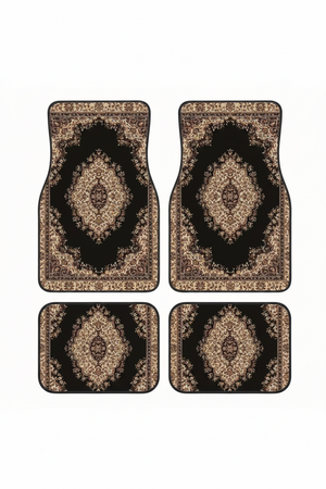 Tapis de Voiture Oriental Noir et Doré — Lot de 4 Tapis Motif Médaillon Classique — Protection Sol Auto