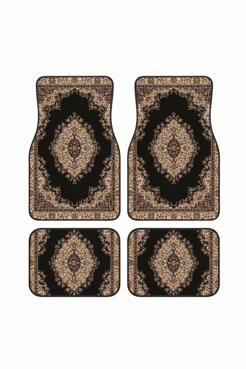 Tapis de Voiture Oriental Noir et Doré — Lot de 4 Tapis Motif Médaillon Classique — Protection Sol Auto