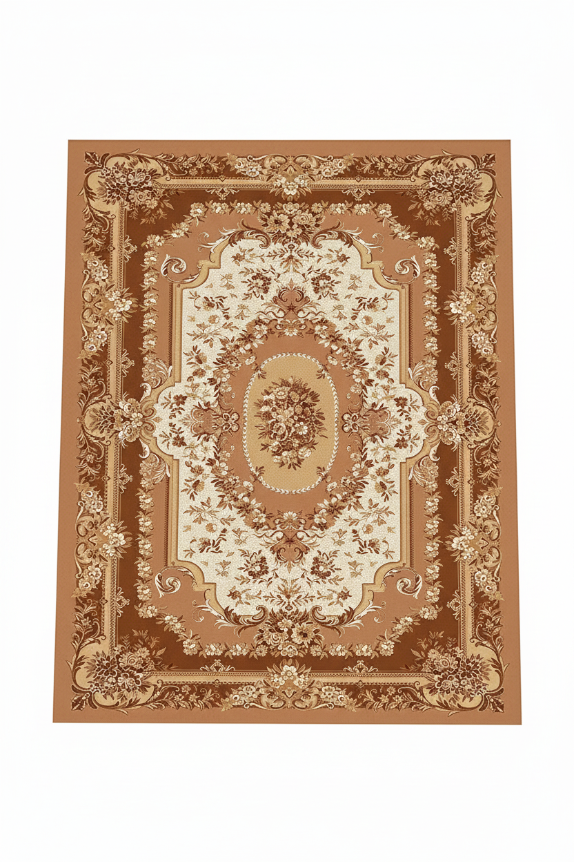 Tapis de Salon Oriental Camel et Marron — Motif Médaillon Floral Classique — Grand Tapis Antidérapant