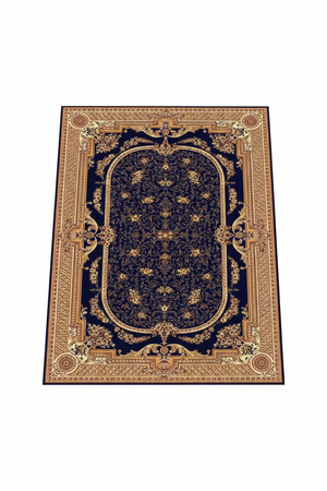 Tapis de Salon Oriental Bleu Marine et Doré — Motif Médaillon Ovale Classique — Grand Tapis Antidérapant