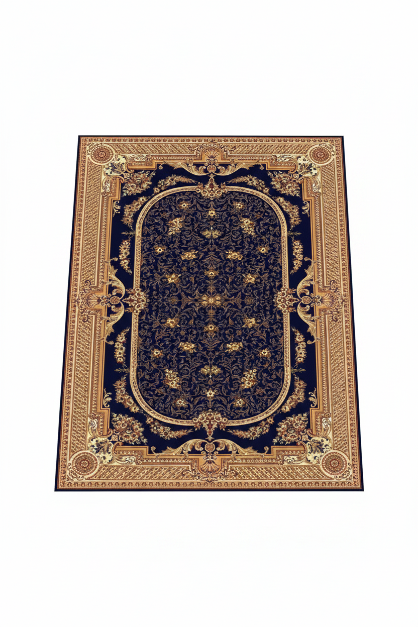 Tapis de Salon Oriental Bleu Marine et Doré — Motif Médaillon Ovale Classique — Grand Tapis Antidérapant