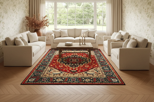 Tapis de Salon Oriental Rouge et Bleu Paon — Motif Médaillon Vintage — Grand Tapis Antidérapant