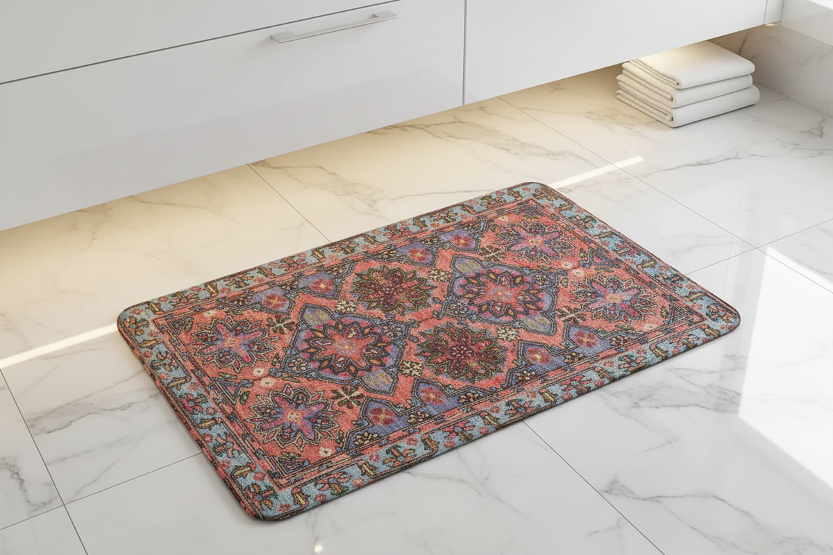 Tapis de Bain Oriental Corail et Bleu — Motif Floral Géométrique Vintage — Tapis de Salle de Bain Antidérapant
