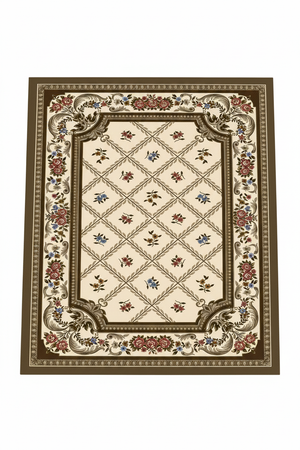 Tapis de Salon Oriental Beige et Marron — Motif Floral Quadrillé Champêtre — Grand Tapis Antidérapant