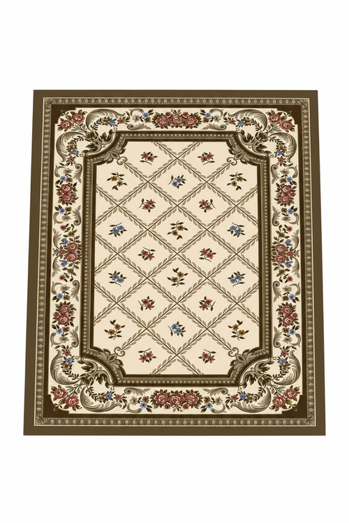 Tapis de Salon Oriental Beige et Marron — Motif Floral Quadrillé Champêtre — Grand Tapis Antidérapant