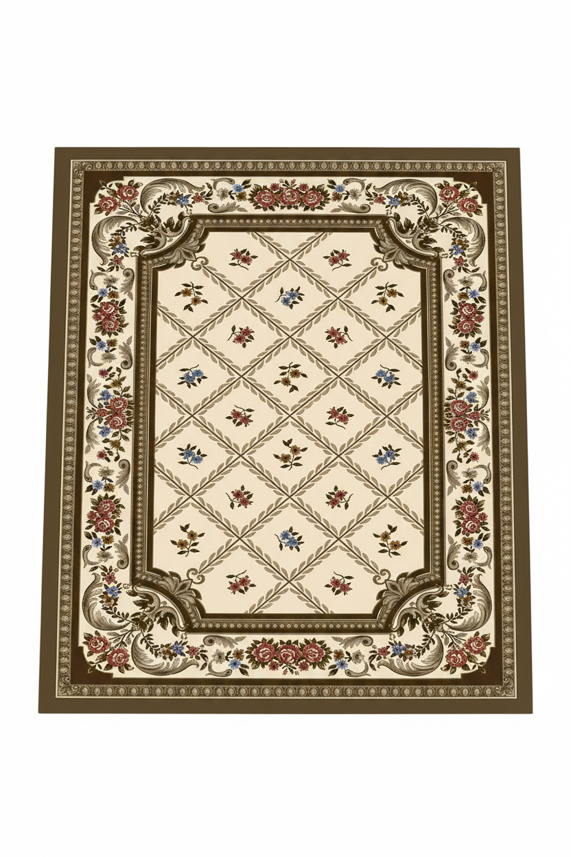 Tapis de Salon Oriental Beige et Marron — Motif Floral Quadrillé Champêtre — Grand Tapis Antidérapant