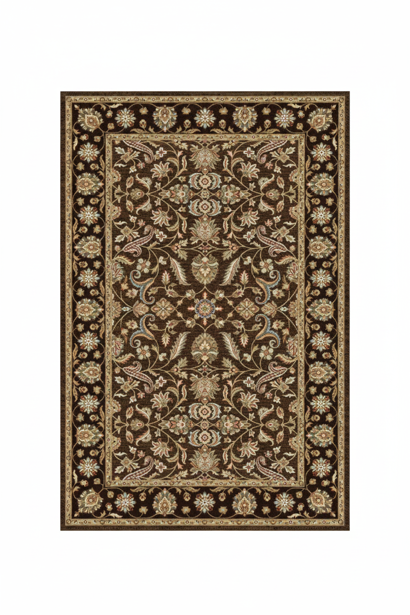 Tapis de Salon Oriental Marron et Beige — Motif Floral Classique — Grand Tapis Antidérapant
